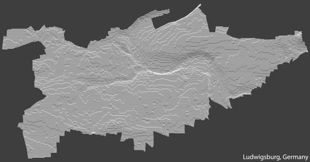Topographic negative relief map of the town of LUDWIGSBURG, GERMANY with white contour lines on dark gray backgroundのイラスト素材