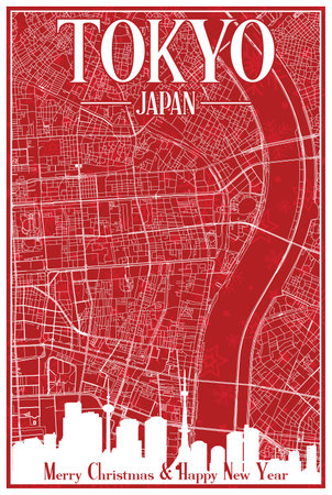 Red vintage hand-drawn Christmas postcard of the downtown TOKYO, JAPAN with highlighted city skyline and letteringのイラスト素材
