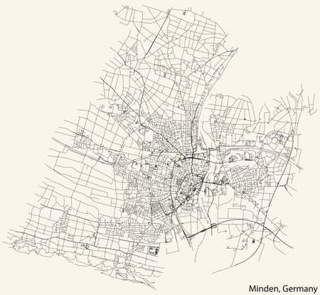 Detailed navigation black lines urban street roads map of the German town of MINDEN, GERMANY on vintage beige backgroundのイラスト素材