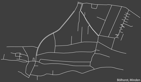 Detailed negative navigation white lines urban street roads map of the BÃLHORST QUARTER of the German town of MINDEN, Germany on dark gray backgroundのイラスト素材