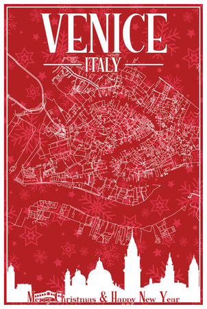 Red vintage hand-drawn Christmas postcard of the downtown VENICE, ITALY with highlighted city skyline and letteringのイラスト素材