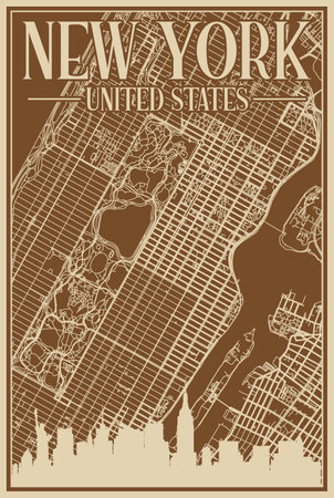 Brown hand-drawn framed poster of the downtown NEW YORK, UNITED STATES OF AMERICA with highlighted vintage city skyline and letteringのイラスト素材