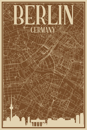 Brown hand-drawn framed poster of the downtown BERLIN, GERMANY with highlighted vintage city skyline and letteringのイラスト素材