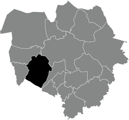 Black flat blank highlighted location map of the  CUESMES DISTRICT inside gray administrative map of MONS, Belgiumのイラスト素材