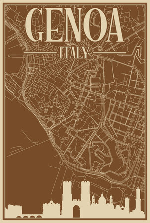 Colorful hand-drawn framed poster of the downtown GENOA, ITALY with highlighted vintage city skyline and letteringのイラスト素材