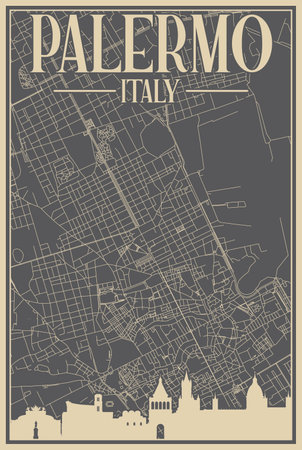 Colorful hand-drawn framed poster of the downtown PALERMO, ITALY with highlighted vintage city skyline and letteringのイラスト素材