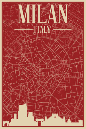 Colorful hand-drawn framed poster of the downtown MILAN, ITALY with highlighted vintage city skyline and letteringのイラスト素材