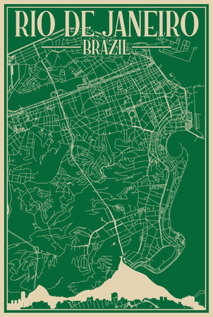 Colorful hand-drawn framed poster of the downtown RIO DE JANEIRO, BRAZIL with highlighted vintage city skyline and letteringのイラスト素材