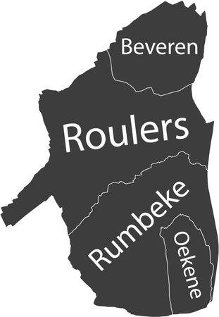 Dark gray flat vector administrative map of ROULERS, BELGIUM with name tags and black border lines of its municipalitiesのイラスト素材