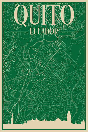 Colorful hand-drawn framed poster of the downtown QUITO, ECUADOR with highlighted vintage city skyline and letteringのイラスト素材