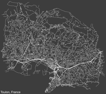 Detailed hand-drawn navigational urban street roads map of the French city of TOULON, FRANCE with solid road lines and name tag on vintage backgroundのイラスト素材