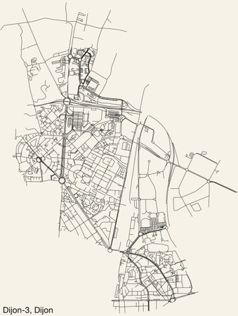Detailed hand-drawn navigational urban street roads map of the DIJON-3 CANTON of the French city of DIJON, France with vivid road lines and name tag on solid backgroundのイラスト素材