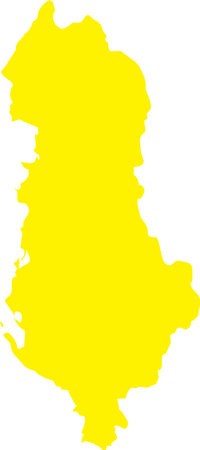 YELLOW CMYK color detailed flat stencil map of the European country of ALBANIA on transparent backgroundのイラスト素材
