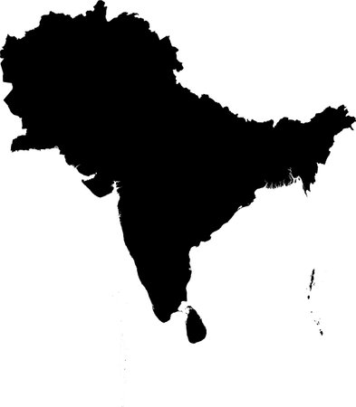 BLACK CMYK color detailed flat stencil map of the subcontinent of SOUTH ASIA on transparent backgroundのイラスト素材