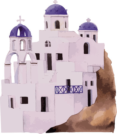 Watercolor style flat drawing of the SANTORINI CYCLADIC HOUSES, GREECEのイラスト素材