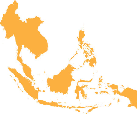 ORANGE CMYK color detailed flat stencil map of the region of SOUTHEAST ASIA on transparent backgroundのイラスト素材