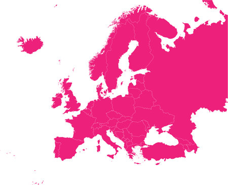 ROSE CMYK color detailed flat stencil map of the continent of EUROPE (with country borders) on transparent backgroundのイラスト素材