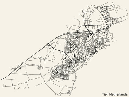 Detailed hand-drawn navigational urban street roads map of the Dutch city of TIEL, NETHERLANDS with solid road lines and name tag on vintage backgroundのイラスト素材