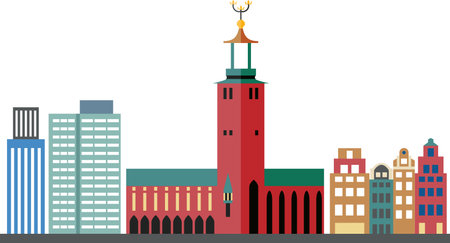 Simple colorful flat drawing of the Swedish landmark city skyline panorama of STOCKHOLM, SWEDENのイラスト素材