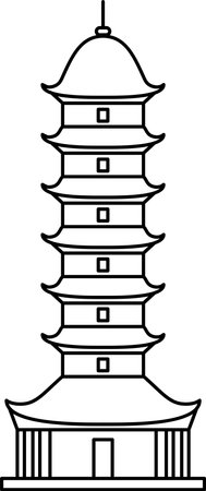 Simple black flat outline drawing of the Chinese historical landmark monument of the AUSPICIOUS LIGHT PAGODA (RUIGUANGTA), SUZHOUのイラスト素材