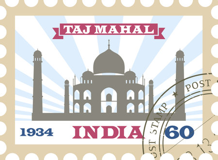 Postal stamp with TAJ MAHAL famous landmark of AGRA, INDIAのイラスト素材