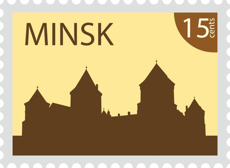 Postal stamp with HOLY SPIRIT CATHEDRAL famous landmark of MINSK, BELARUSのイラスト素材