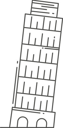 Simple black flat outline drawing of the Italian historical landmark monument of the LEANING TOWER OF PISA, PISAのイラスト素材