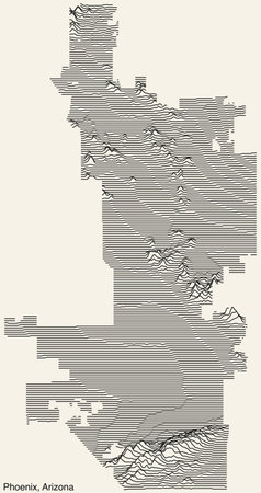 Topographic exaggerated relief map of PHOENIX, ARIZONA with solid contour lines and name tag on vintage backgroundのイラスト素材