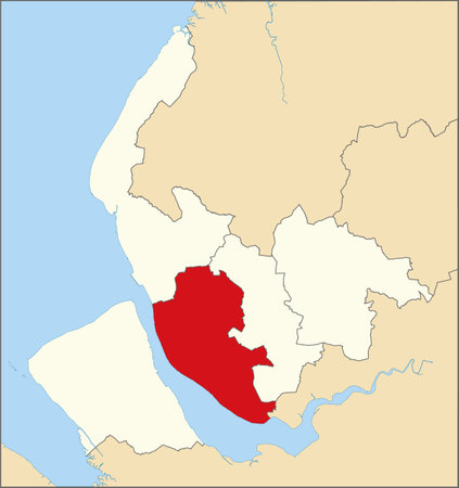 Red flat blank highlighted location map of the METROPOLITAN BOROUGH OF LIVERPOOL inside beige administrative local authority districts map of Merseyside, Englandのイラスト素材