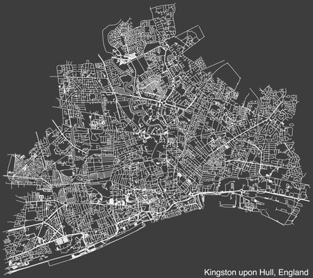 Detailed hand-drawn navigational urban street roads map of the United Kingdom city township of KINGSTON UPON HULL, ENGLAND with vivid road lines and name tag on solid backgroundのイラスト素材