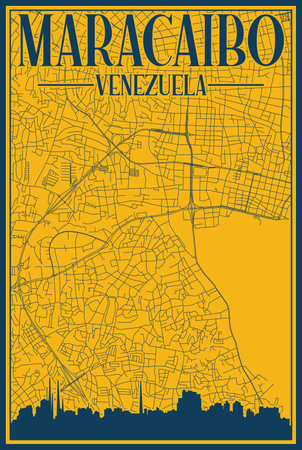Yellow and blue hand-drawn framed poster of the downtown MARACAIBO, VENEZUELA with highlighted vintage city skyline and letteringのイラスト素材