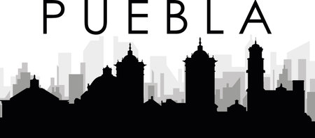 Black cityscape skyline panorama with gray misty city buildings background of the PUEBLA, MEXICO with a city name tagのイラスト素材