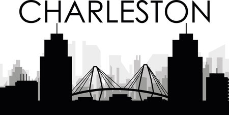 Black cityscape skyline panorama with gray misty city buildings background of CHARLESTON, UNITED STATESのイラスト素材