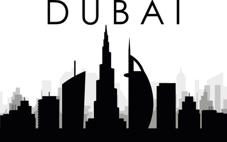 Black cityscape skyline panorama with gray misty city buildings background of DUBAI, UNITED ARAB EMIRATESのイラスト素材