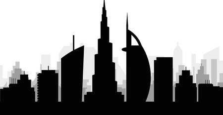 Black cityscape skyline panorama with gray misty city buildings background of DUBAI, UNITED ARAB EMIRATESのイラスト素材