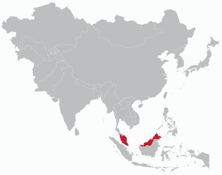 Highlighted red map of MALAYSIA inside grey detailed blank political map of Asia on light blue background, without the Middle East and Russiaのイラスト素材