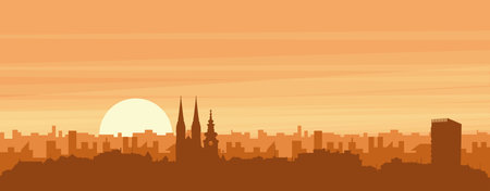 Brown panoramic poster of the city skyline with misty background buildings, sunrise, clouds and mountains of ZAGREB, CROATIAのイラスト素材