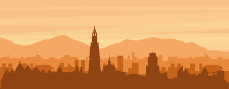 Brown panoramic poster of the city skyline with misty background buildings, sunrise, clouds and mountains of ANTWERP, BELGIUMのイラスト素材
