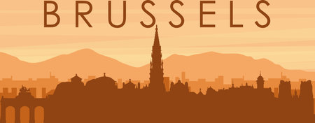 Brown panoramic poster of the city skyline with misty background buildings, sunrise, clouds and mountains of BRUSSELS, BELGIUMのイラスト素材