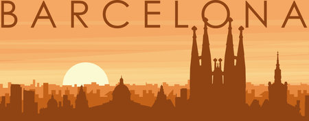 Brown panoramic poster of the city skyline with misty background buildings, sunrise, clouds and mountains of BARCELONA, SPAINのイラスト素材