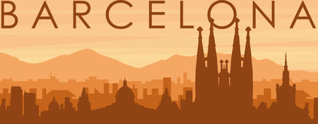 Brown panoramic poster of the city skyline with misty background buildings, sunrise, clouds and mountains of BARCELONA, SPAINのイラスト素材