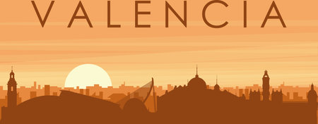 Brown panoramic poster of the city skyline with misty background buildings, sunrise, clouds and mountains of VALENCIA, SPAINのイラスト素材