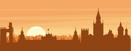 Brown panoramic poster of the city skyline with misty background buildings, sunrise, clouds and mountains of SEVILLE, SPAINのイラスト素材