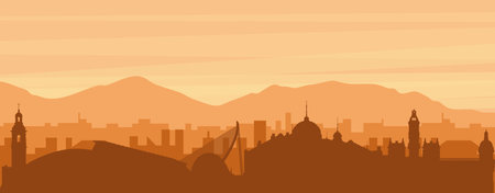 Brown panoramic poster of the city skyline with misty background buildings, sunrise, clouds and mountains of SAN DIEGO, UNITED STATESのイラスト素材