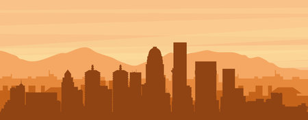 Brown panoramic poster of the city skyline with misty background buildings, sunrise, clouds and mountains of LOUISVILLE, UNITED STATESのイラスト素材