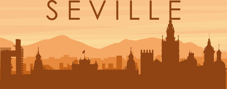 Brown panoramic poster of the city skyline with misty background buildings, sunrise, clouds and mountains of SEVILLE, SPAINのイラスト素材