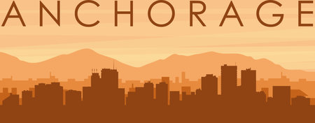 Brown panoramic poster of the city skyline with misty background buildings, sunrise, clouds and mountains of ANCHORAGE, UNITED STATESのイラスト素材