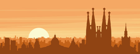 Brown panoramic poster of the city skyline with misty background buildings, sunrise, clouds and mountains of BARCELONA, SPAINのイラスト素材