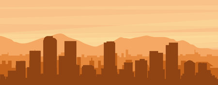 Brown panoramic poster of the city skyline with misty background buildings, sunrise, clouds and mountains of DENVER, UNITED STATESのイラスト素材