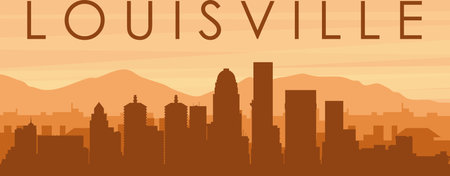 Brown panoramic poster of the city skyline with misty background buildings, sunrise, clouds and mountains of LOUISVILLE, UNITED STATESのイラスト素材